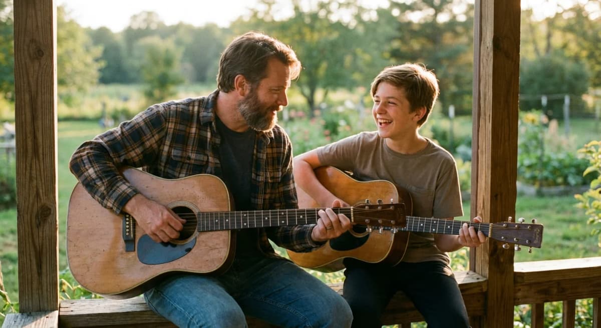 Father and son sharing a meaningful moment together with music