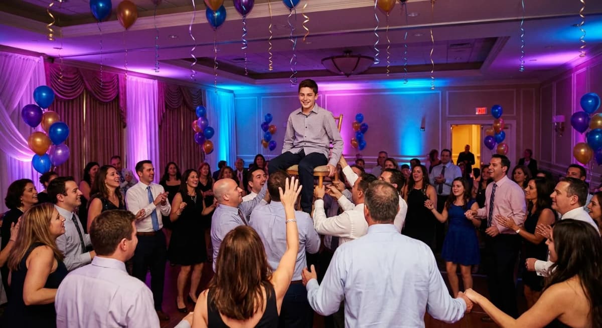Teenager being lifted in chair during hora dance at a Bar Mitzvah celebration