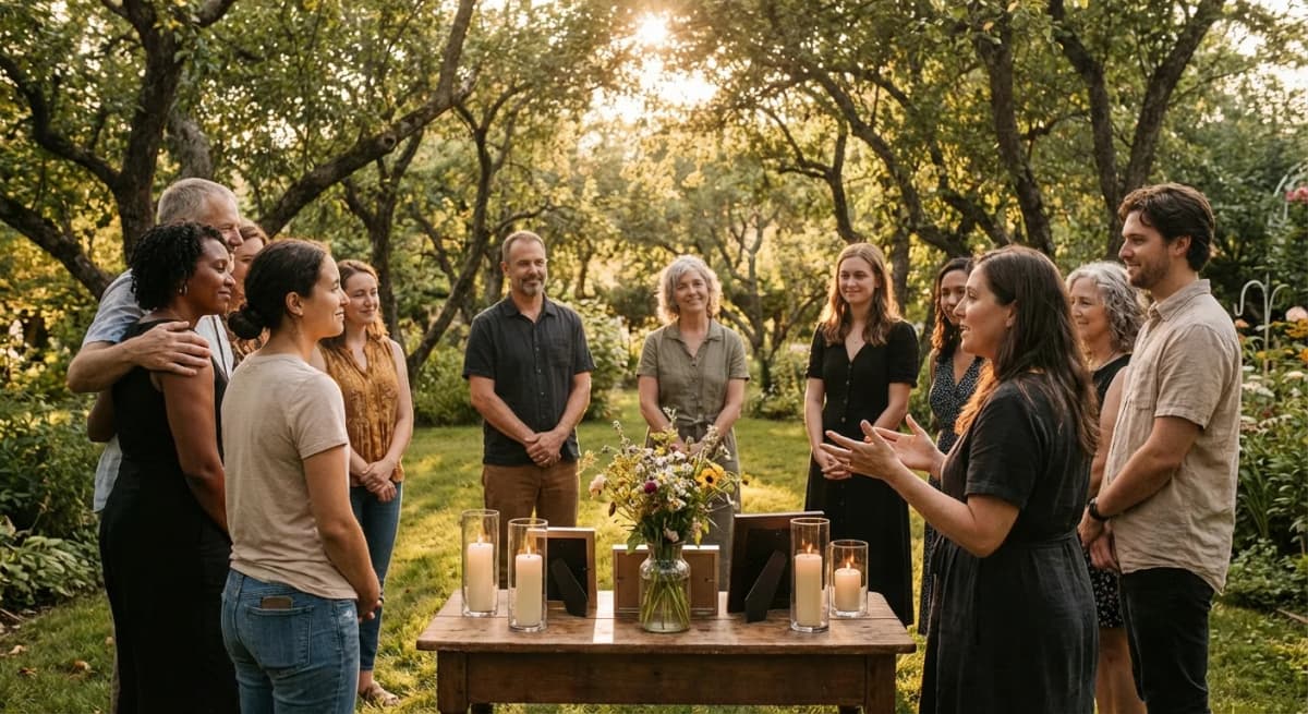 Intimate outdoor memorial gathering with candles and flowers in a garden setting