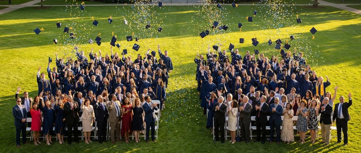 Graduates throwing caps into the air at outdoor graduation ceremony