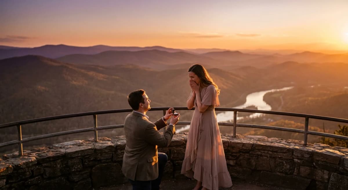 Man proposing on one knee at a scenic mountain overlook at sunset
