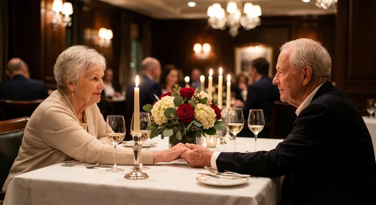 Couple holding hands at an elegant candlelit anniversary dinner