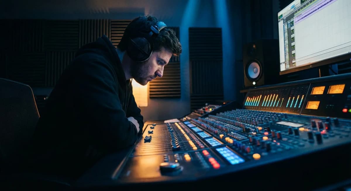 Music producer working at professional mixing console in dark studio with blue lighting